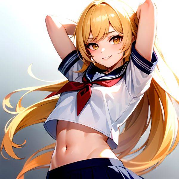 1girl Arms Up Arms Behind Head Blonde Hair Blue Skirt Bow Crop Top Crop Top Overhang Genshin Impact Gradient Background, 3223118557 - AIHentai - aihentai.co on pornintellect.com