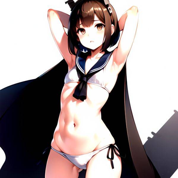 1girl Arms Up Arms Behind Head Bikini Bob Cut Brown Eyes Brown Hair Commentary Request Cosplay Cowboy Shot Flat Chest, 1590079815 - AIHentai - aihentai.co on pornintellect.com