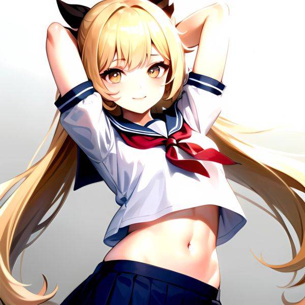 1girl Arms Up Arms Behind Head Blonde Hair Blue Skirt Bow Crop Top Crop Top Overhang Genshin Impact Gradient Background, 1502131187 - AIHentai - aihentai.co on pornintellect.com