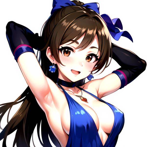 1girl Absurdres Armpits Arms Up Ayase Honoka Black Gloves Blue Bow Blue Dress Blush Bow Breasts Brown Eyes Brown Hair, 3892182561 - AIHentai - aihentai.co on pornintellect.com