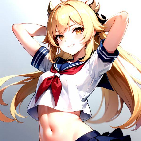 1girl Arms Up Arms Behind Head Blonde Hair Blue Skirt Bow Crop Top Crop Top Overhang Genshin Impact Gradient Background, 3952850561 - AIHentai - aihentai.co on pornintellect.com