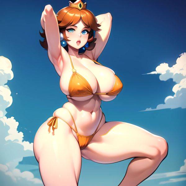 1girl Areola Slip Armpits Arms Behind Head Bikini Blue Eyes Blush Breasts Brown Hair Cleavage Huge Breasts Legs Mario Series, 1571894529 - AIHentai - aihentai.co on pornintellect.com