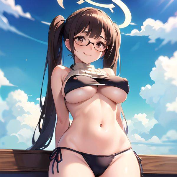 1girl Bikini Black Bikini Blue Archive Blue Sky Breasts Brown Eyes Brown Hair Closed Mouth Clothes Lift Cloud Covered Nipples, 593305772 - AIHentai - aihentai.co on pornintellect.com