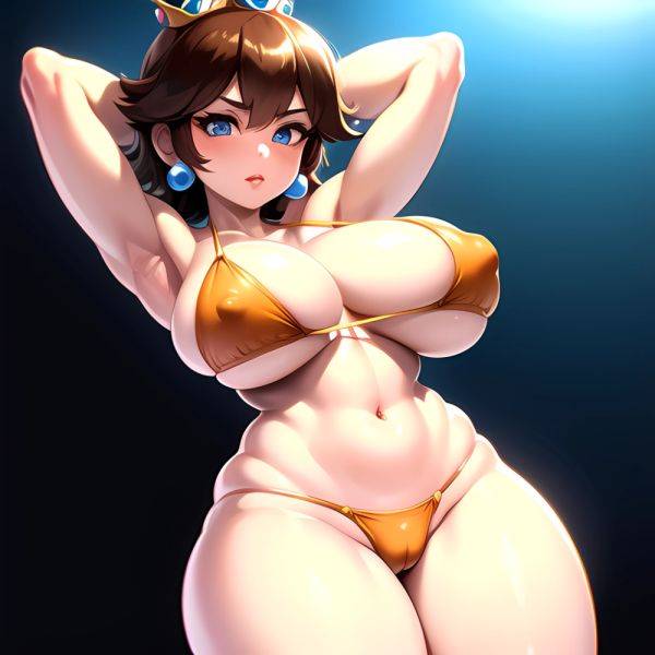 1girl Areola Slip Armpits Arms Behind Head Bikini Blue Eyes Blush Breasts Brown Hair Cleavage Huge Breasts Legs Mario Series, 2179806184 - AIHentai - aihentai.co on pornintellect.com