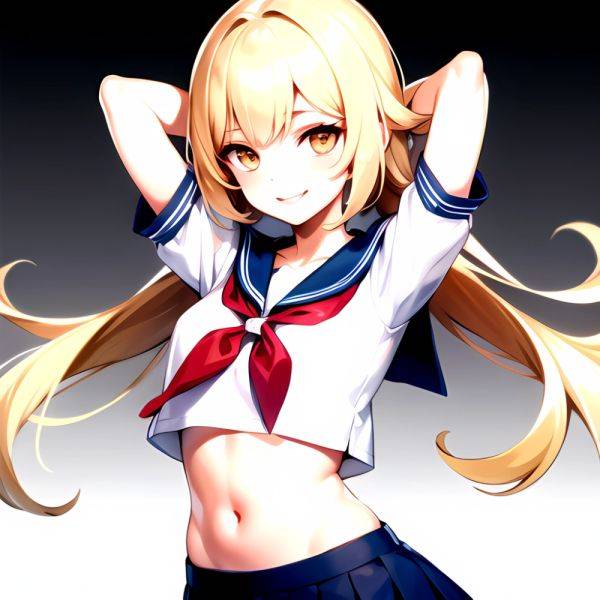 1girl Arms Up Arms Behind Head Blonde Hair Blue Skirt Bow Crop Top Crop Top Overhang Genshin Impact Gradient Background, 4012173284 - AIHentai - aihentai.co on pornintellect.com