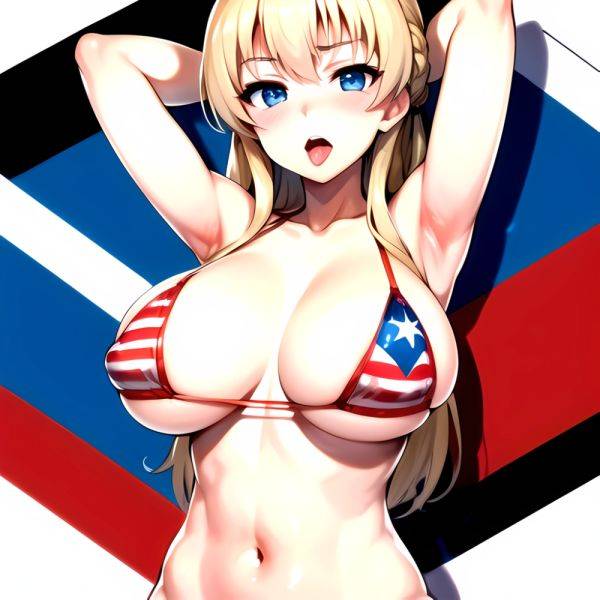 1girl American Flag Bikini Armpits Arms Behind Head Bikini Blonde Hair Blue Eyes Blush Breasts Covered Erect Nipples Flag Print, 2769735505 - AIHentai - aihentai.co - Usa on pornintellect.com