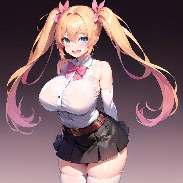 1girl Aymusk Belt Black Skirt Blonde Hair Blue Eyes Blush Bow Bowtie Breasts Curvy Elbow Gloves Fang Gloves Gradient Background, 2057509229 - AIHentai - aihentai.co on pornintellect.com