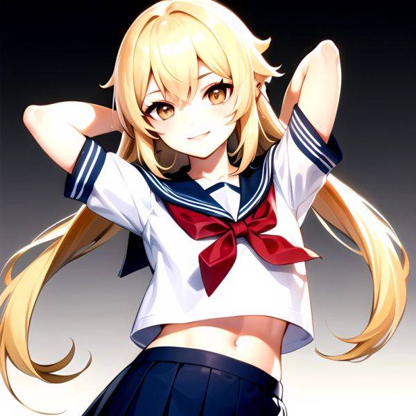 1girl Arms Up Arms Behind Head Blonde Hair Blue Skirt Bow Crop Top Crop Top Overhang Genshin Impact Gradient Background, 1990381928 - AIHentai - aihentai.co on pornintellect.com