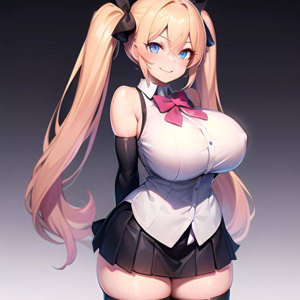 1girl Aymusk Belt Black Skirt Blonde Hair Blue Eyes Blush Bow Bowtie Breasts Curvy Elbow Gloves Fang Gloves Gradient Background, 2219334077 - AIHentai - aihentai.co on pornintellect.com