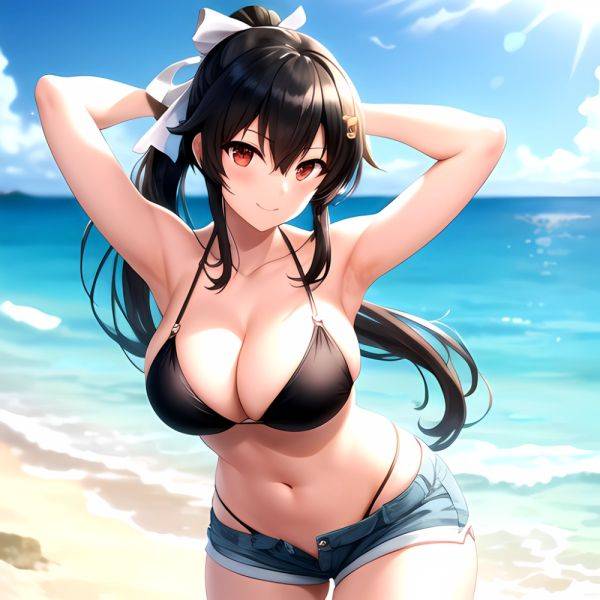 1girl Arms Behind Head Armpits Beach Bikini Bikini Under Shorts Black Bikini Black Hair Blurry Blurry Background Breasts Cleavag, 3398145019 - AIHentai - aihentai.co on pornintellect.com