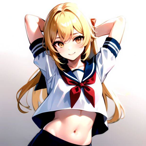 1girl Arms Up Arms Behind Head Blonde Hair Blue Skirt Bow Crop Top Crop Top Overhang Genshin Impact Gradient Background, 3123363315 - AIHentai - aihentai.co on pornintellect.com