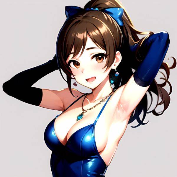 1girl Absurdres Armpits Arms Up Ayase Honoka Black Gloves Blue Bow Blue Dress Blush Bow Breasts Brown Eyes Brown Hair, 2114190696 - AIHentai - aihentai.co on pornintellect.com