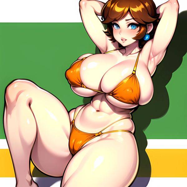 1girl Areola Slip Armpits Arms Behind Head Bikini Blue Eyes Blush Breasts Brown Hair Cleavage Huge Breasts Legs Mario Series, 4141778474 - AIHentai - aihentai.co on pornintellect.com