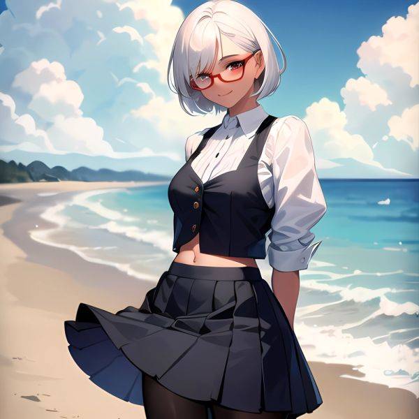 1girl Aircraft Bird Breasts Cloud Cloudy Sky Cowboy Shot Curtsey Dark Skinned Female Dark Skin Day Flashing Glasses Looking At, 2946504787 - AIHentai - aihentai.co on pornintellect.com