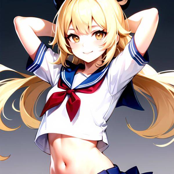 1girl Arms Up Arms Behind Head Blonde Hair Blue Skirt Bow Crop Top Crop Top Overhang Genshin Impact Gradient Background, 2681675976 - AIHentai - aihentai.co on pornintellect.com