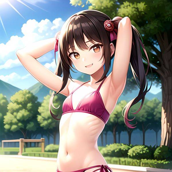 1girl Armpits Arms Behind Head Bikini Brown Eyes Brown Hair Cowboy Shot Dot Nose Flat Chest From Side Hair Ornament, 4208359857 - AIHentai - aihentai.co on pornintellect.com