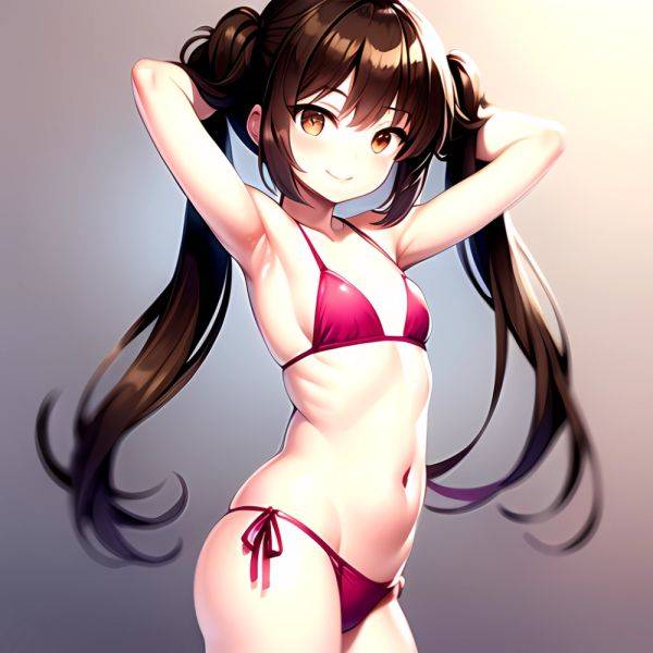 1girl Armpits Arms Behind Head Bikini Brown Eyes Brown Hair Cowboy Shot Dot Nose Flat Chest From Side Hair Ornament, 2353337945 - AIHentai - aihentai.co on pornintellect.com