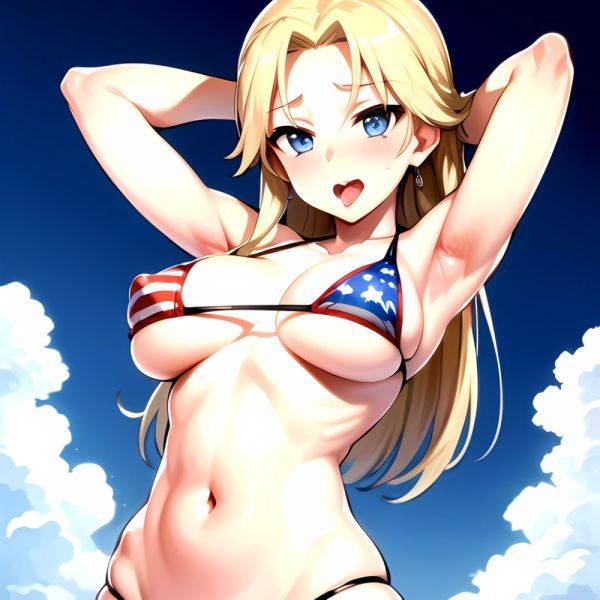 1girl American Flag Bikini Armpits Arms Behind Head Bikini Blonde Hair Blue Eyes Blush Breasts Covered Erect Nipples Flag Print, 938694770 - AIHentai - aihentai.co - Usa on pornintellect.com