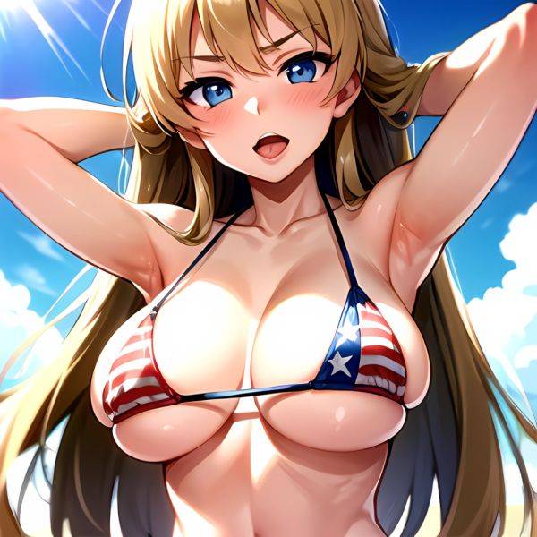 1girl American Flag Bikini Armpits Arms Behind Head Bikini Blonde Hair Blue Eyes Blush Breasts Covered Erect Nipples Flag Print, 3910351503 - AIHentai - aihentai.co - Usa on pornintellect.com