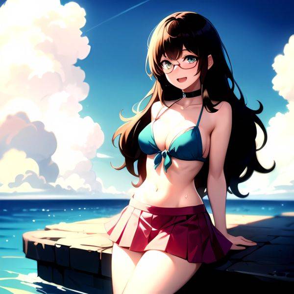 1girl D Bikini Bikini Bottom Aside Bikini Skirt Black Choker Blush Breasts Brown Hair Choker Cleavage Clothing Aside Front Tie, 3907767536 - AIHentai - aihentai.co on pornintellect.com