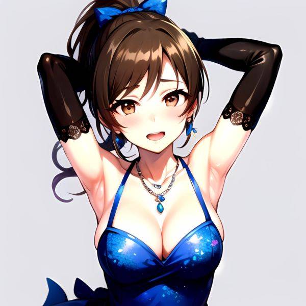 1girl Absurdres Armpits Arms Up Ayase Honoka Black Gloves Blue Bow Blue Dress Blush Bow Breasts Brown Eyes Brown Hair, 1221215675 - AIHentai - aihentai.co on pornintellect.com