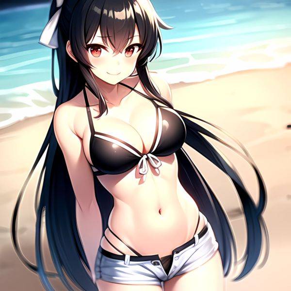 1girl Arms Behind Back Beach Bikini Bikini Under Shorts Black Bikini Black Hair Blurry Blurry Background Breasts Cleavage Closed, 2154615505 - AIHentai - aihentai.co on pornintellect.com