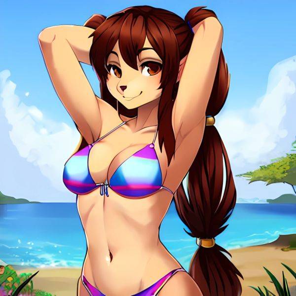 1girl Armpits Arms Behind Head Bikini Brown Eyes Brown Hair Cowboy Shot Dot Nose Flat Chest From Side Hair Ornament, 2931870330 - AIHentai - aihentai.co on pornintellect.com