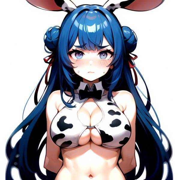 1girl Alternate Breast Size Animal Ear Fluff Animal Ears Animal Print Blue Hair Blush Breasts Cleavage Cutout Cow Print Double, 445807047 - AIHentai - aihentai.co on pornintellect.com