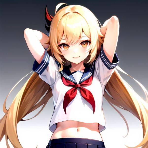 1girl Arms Up Arms Behind Head Blonde Hair Blue Skirt Bow Crop Top Crop Top Overhang Genshin Impact Gradient Background, 32011739 - AIHentai - aihentai.co on pornintellect.com