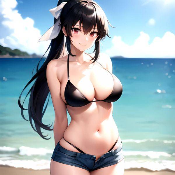 1girl Arms Behind Back Beach Bikini Bikini Under Shorts Black Bikini Black Hair Blurry Blurry Background Breasts Cleavage Closed, 575469253 - AIHentai - aihentai.co on pornintellect.com