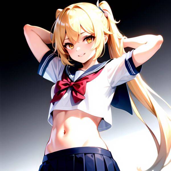 1girl Arms Up Arms Behind Head Blonde Hair Blue Skirt Bow Crop Top Crop Top Overhang Genshin Impact Gradient Background, 1026939710 - AIHentai - aihentai.co on pornintellect.com