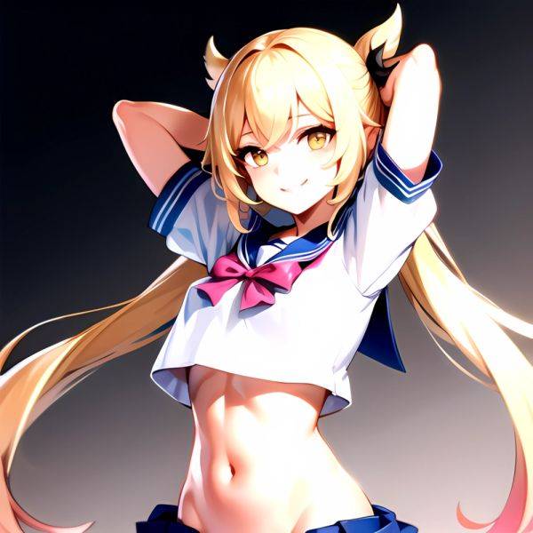 1girl Arms Up Arms Behind Head Blonde Hair Blue Skirt Bow Crop Top Crop Top Overhang Genshin Impact Gradient Background, 3542887786 - AIHentai - aihentai.co on pornintellect.com
