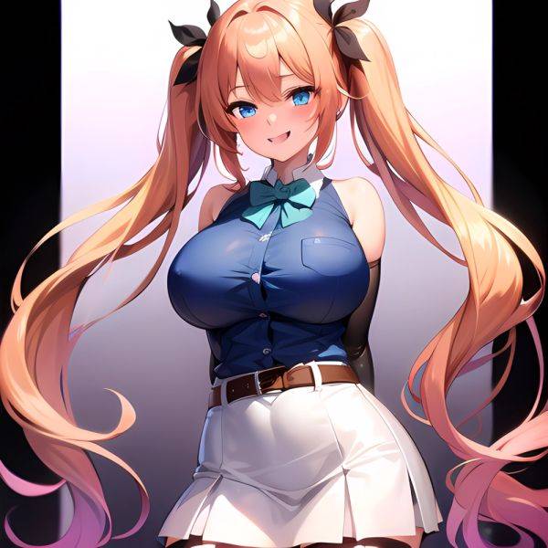 1girl Aymusk Belt White Skirt Blonde Hair Blue Eyes Blush Bow Bowtie Breasts Curvy Elbow Gloves Fang Gloves Gradient Background, 1245172755 - AIHentai - aihentai.co on pornintellect.com