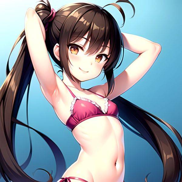 1girl Armpits Arms Behind Head Bikini Brown Eyes Brown Hair Cowboy Shot Dot Nose Flat Chest From Side Hair Ornament, 1637503066 - AIHentai - aihentai.co on pornintellect.com