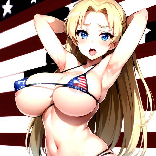 1girl American Flag Bikini Armpits Arms Behind Head Bikini Blonde Hair Blue Eyes Blush Breasts Covered Erect Nipples Flag Print, 446762016 - AIHentai - aihentai.co - Usa on pornintellect.com