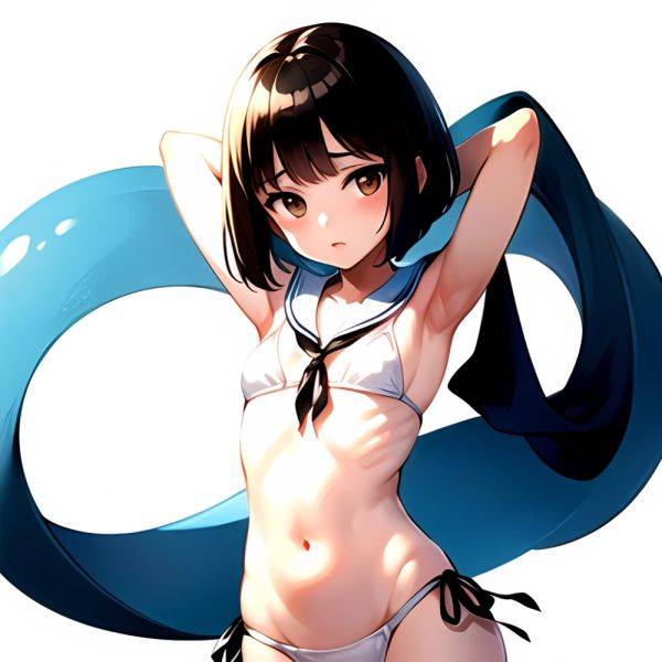 1girl Arms Up Arms Behind Head Bikini Bob Cut Brown Eyes Brown Hair Cosplay Cowboy Shot Flat Chest Headgear Inverted, 3610091460 - AIHentai - aihentai.co on pornintellect.com