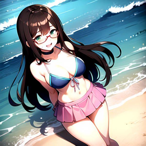 1girl D Bikini Bikini Bottom Aside Bikini Skirt Black Choker Blush Breasts Brown Hair Choker Cleavage Clothing Aside Front Tie, 3688389992 - AIHentai - aihentai.co on pornintellect.com