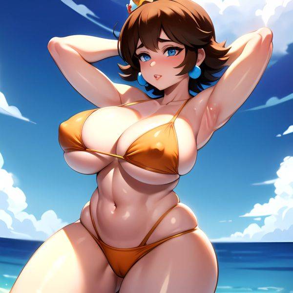 1girl Areola Slip Armpits Arms Behind Head Bikini Blue Eyes Blush Breasts Brown Hair Cleavage Huge Breasts Legs Mario Series, 3550399185 - AIHentai - aihentai.co on pornintellect.com