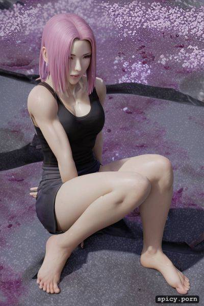 Cumshot, fully clothed, blushing, pov teenage sakura haruno from original naruto anime sitting on floor in front of you with her legs spread and using only her feet to rub your big long penis - spicy.porn on pornintellect.com