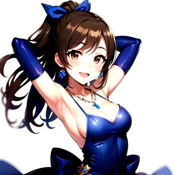 1girl Absurdres Armpits Arms Up Ayase Honoka Black Gloves Blue Bow Blue Dress Blush Bow Breasts Brown Eyes Brown Hair, 1103798644 - AIHentai - aihentai.co on pornintellect.com