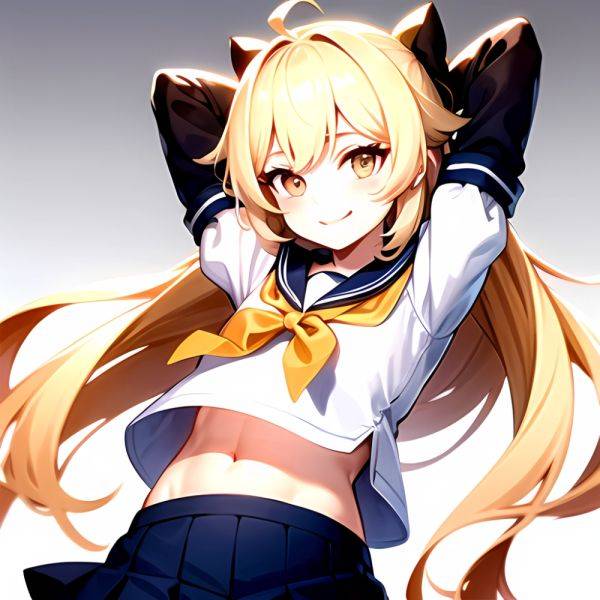 1girl Arms Up Arms Behind Head Blonde Hair Blue Skirt Bow Crop Top Crop Top Overhang Genshin Impact Gradient Background, 2501461290 - AIHentai - aihentai.co on pornintellect.com