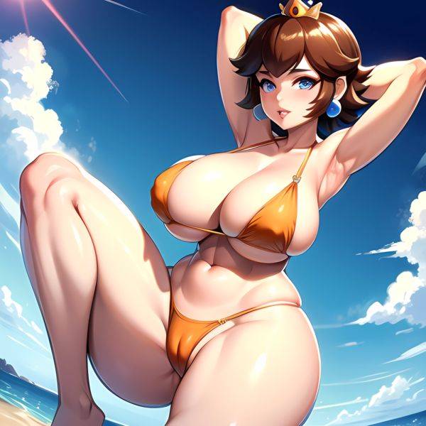 1girl Areola Slip Armpits Arms Behind Head Bikini Blue Eyes Blush Breasts Brown Hair Cleavage Huge Breasts Legs Mario Series, 1932741582 - AIHentai - aihentai.co on pornintellect.com