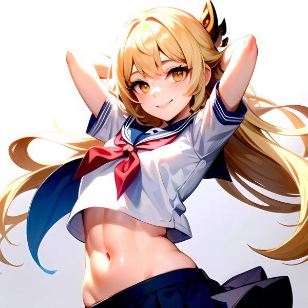 1girl Arms Up Arms Behind Head Blonde Hair Blue Skirt Bow Crop Top Crop Top Overhang Genshin Impact Gradient Background, 1364771083 - AIHentai - aihentai.co on pornintellect.com