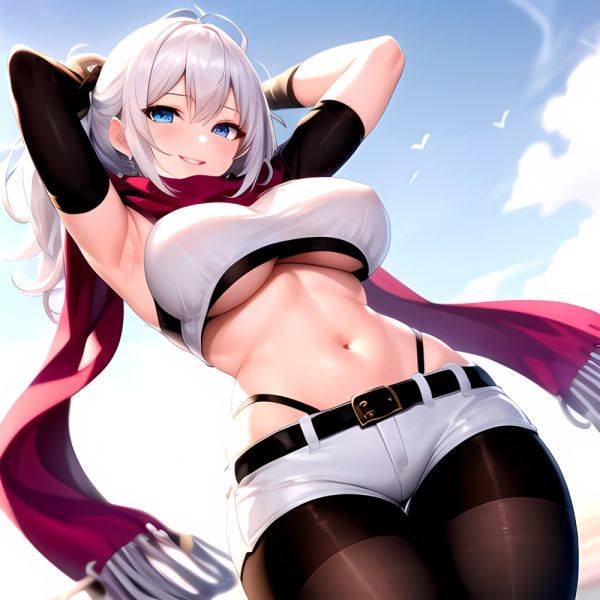 1girl Armpits Arms Behind Head Belt Black Bra Black Gloves Black Pantyhose Blue Eyes Blurry Blurry Background Bra Breasts Curvy, 419669932 - AIHentai - aihentai.co on pornintellect.com