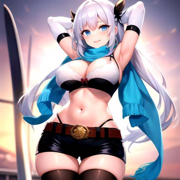 1girl Armpits Arms Behind Head Belt Black Bra Black Gloves Black Pantyhose Blue Eyes Blurry Blurry Background Bra Breasts Curvy, 203043014 - AIHentai - aihentai.co on pornintellect.com