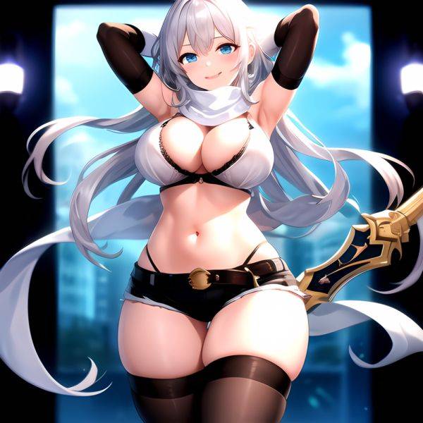 1girl Armpits Arms Behind Head Belt Black Bra Black Gloves Black Pantyhose Blue Eyes Blurry Blurry Background Bra Breasts Curvy, 2474892392 - AIHentai - aihentai.co on pornintellect.com