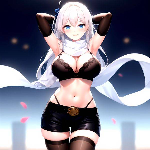 1girl Armpits Arms Behind Head Belt Black Bra Black Gloves Black Pantyhose Blue Eyes Blurry Blurry Background Bra Breasts Curvy, 300292443 - AIHentai - aihentai.co on pornintellect.com