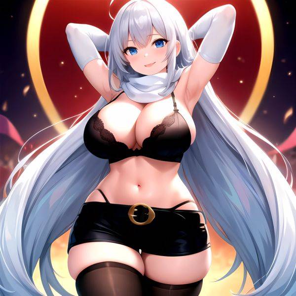1girl Armpits Arms Behind Head Belt Black Bra Black Gloves Black Pantyhose Blue Eyes Blurry Blurry Background Bra Breasts Curvy, 1571071843 - AIHentai - aihentai.co on pornintellect.com