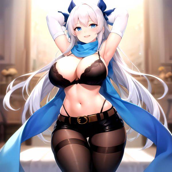 1girl Armpits Arms Behind Head Belt Black Bra Black Gloves Black Pantyhose Blue Eyes Blurry Blurry Background Bra Breasts Curvy, 94530251 - AIHentai - aihentai.co on pornintellect.com
