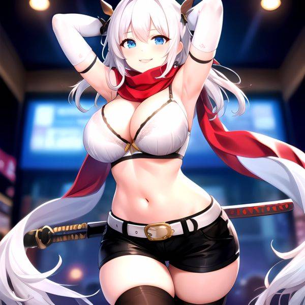 1girl Armpits Arms Behind Head Belt Black Bra Black Gloves Black Pantyhose Blue Eyes Blurry Blurry Background Bra Breasts Curvy, 109842666 - AIHentai - aihentai.co on pornintellect.com